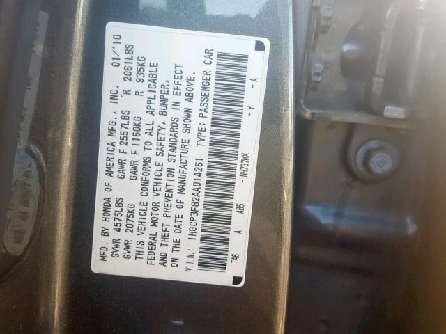 1HGCP3F82AA014261 - 2010 HONDA ACCORD EXL GRAY photo 10