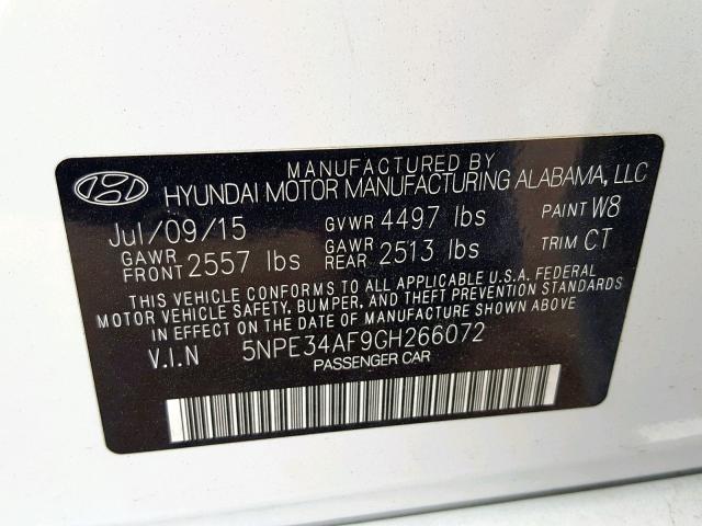 5NPE34AF9GH266072 - 2016 HYUNDAI SONATA SPO WHITE photo 10