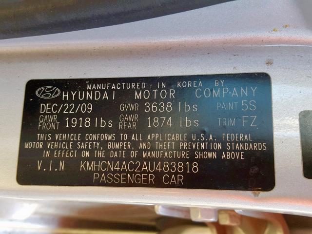 KMHCN4AC2AU483818 - 2010 HYUNDAI ACCENT GLS SILVER photo 10