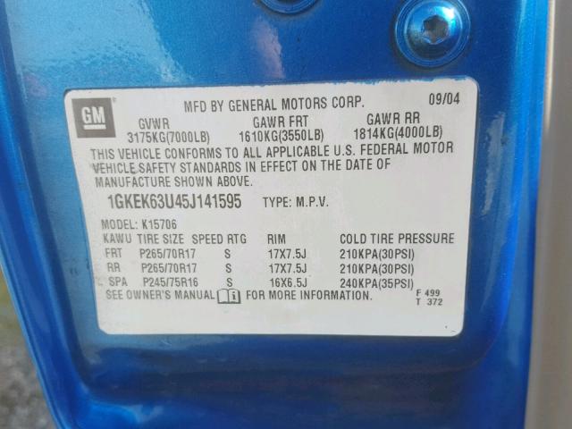 1GKEK63U45J141595 - 2005 GMC YUKON DENA BLUE photo 10