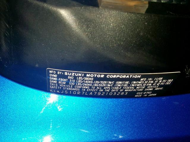 JS1GR7LA792103283 - 2009 SUZUKI GSX-R750 BLUE photo 10