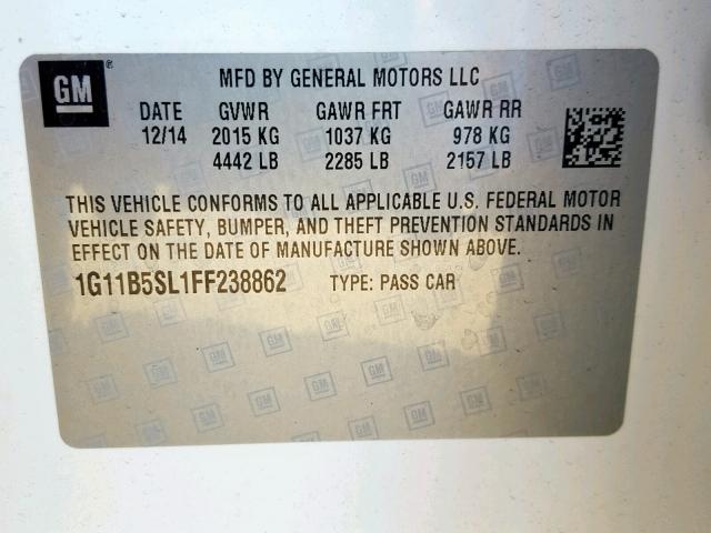 1G11B5SL1FF238862 - 2015 CHEVROLET MALIBU LS WHITE photo 10