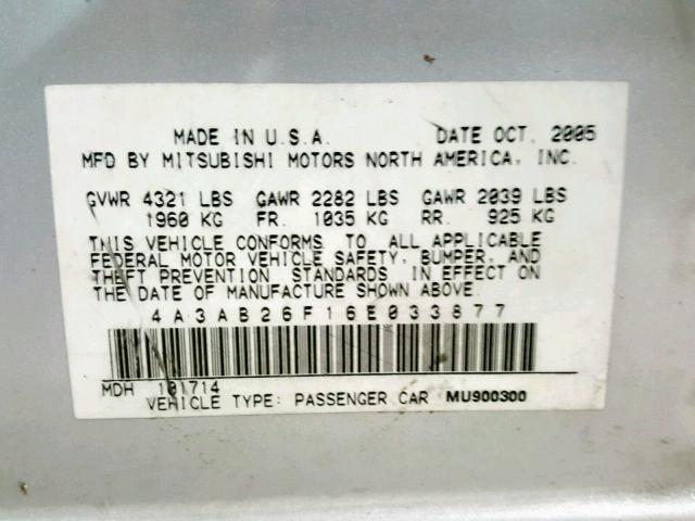 4A3AB26F16E033877 - 2006 MITSUBISHI GALANT DE SILVER photo 10