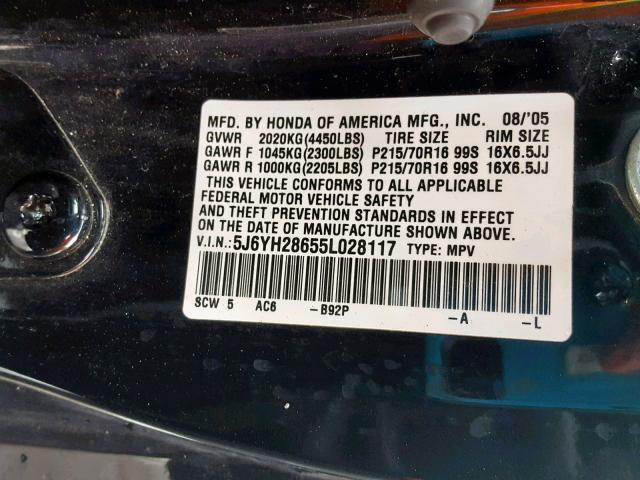 5J6YH28655L028117 - 2005 HONDA ELEMENT EX BLACK photo 10