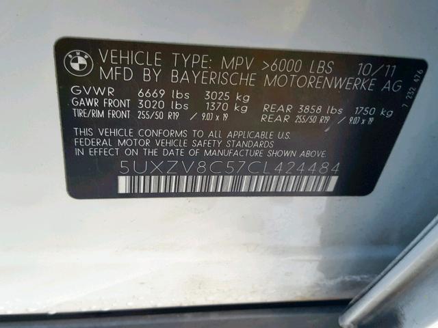 5UXZV8C57CL424484 - 2012 BMW X5 XDRIVE5 WHITE photo 10