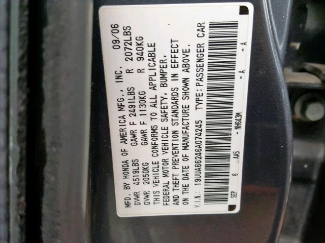 19UUA66246A074245 - 2006 ACURA 3.2TL GRAY photo 10