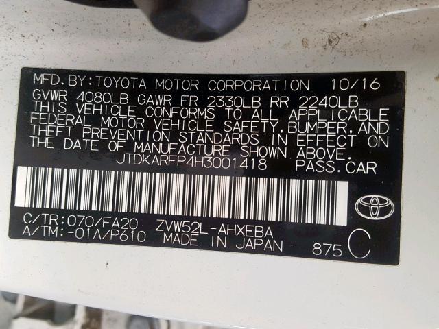 JTDKARFP4H3001418 - 2017 TOYOTA PRIUS PRIM 白色 照片 10