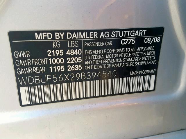 WDBUF56X29B394540 - 2009 MERCEDES-BENZ E 350 SILVER photo 10