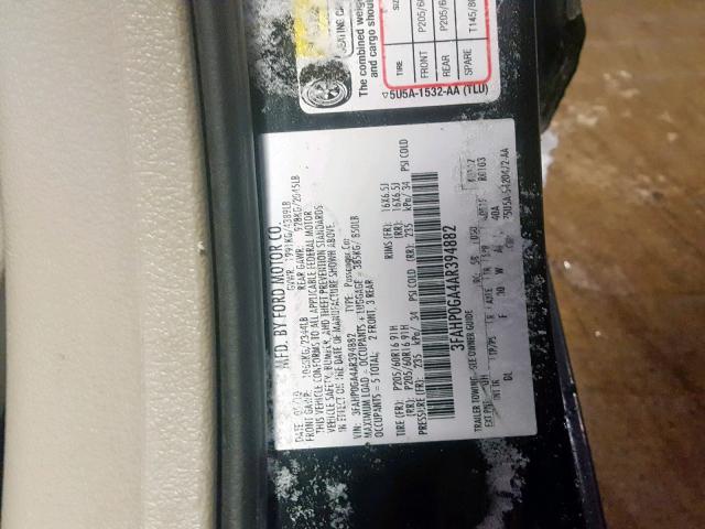 3FAHP0GA4AR394882 - 2010 FORD FUSION S BLACK photo 10