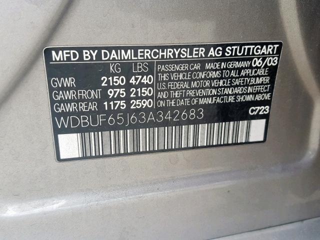 WDBUF65J63A342683 - 2003 MERCEDES-BENZ E 320 SILVER photo 10