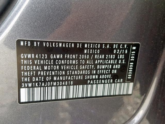 3VW1K7AJ0FM304818 - 2015 VOLKSWAGEN JETTA BASE CHARCOAL photo 10