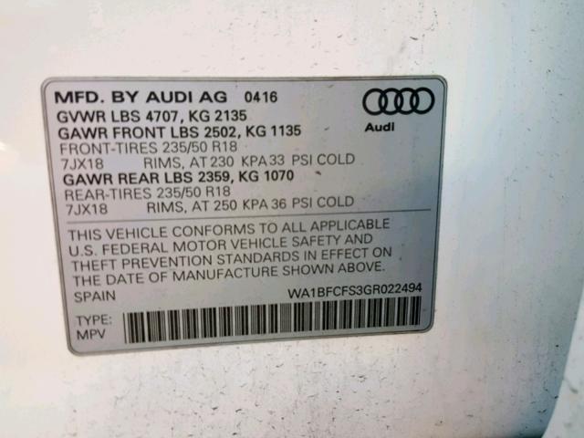 WA1BFCFS3GR022494 - 2016 AUDI Q3 PREMIUM WHITE photo 10