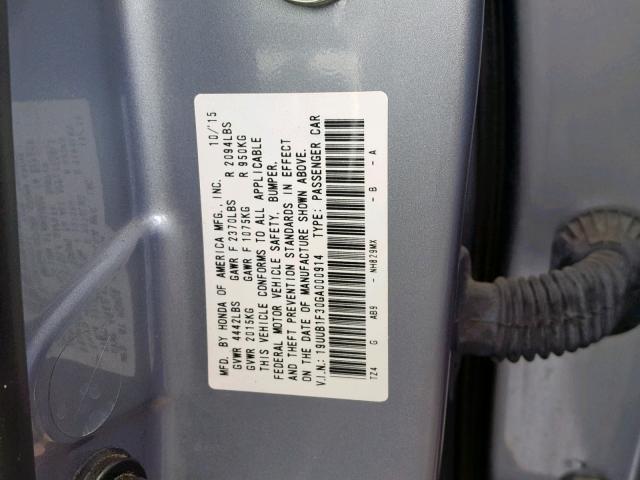 19UUB1F30GA000914 - 2016 ACURA TLX SILVER photo 10