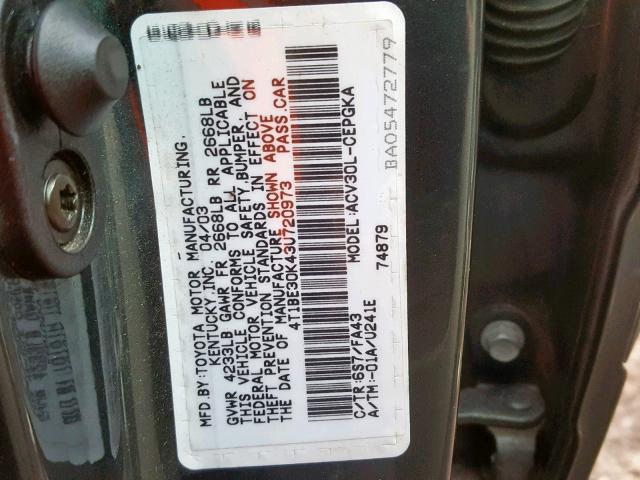 4T1BE30K43U720973 - 2003 TOYOTA CAMRY LE GREEN photo 10