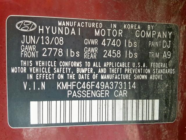 KMHFC46F49A373114 - 2009 HYUNDAI AZERA SE BURGUNDY photo 10