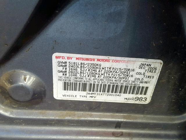 JA4MT31X77Z001040 - 2007 MITSUBISHI OUTLANDER CHARCOAL photo 10