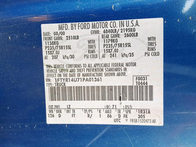 1FTYR14U71PA01361 - 2001 FORD RANGER SUP BLUE photo 10