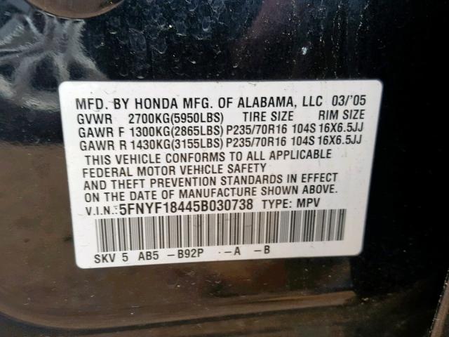 5FNYF18445B030738 - 2005 HONDA PILOT EX BLACK photo 10