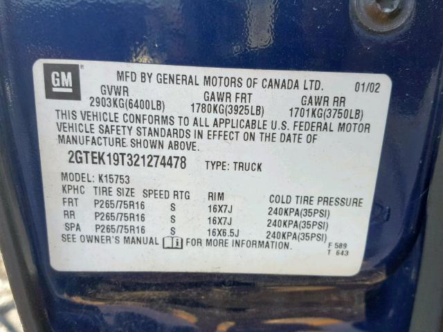 2GTEK19T321274478 - 2002 GMC NEW SIERRA BLUE photo 10