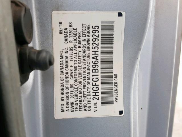 2HGFG1B96AH529295 - 2010 HONDA CIVIC EXL SILVER photo 10