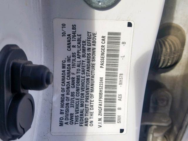 2HGFA1F90BH523344 - 2011 HONDA CIVIC EXL WHITE photo 10