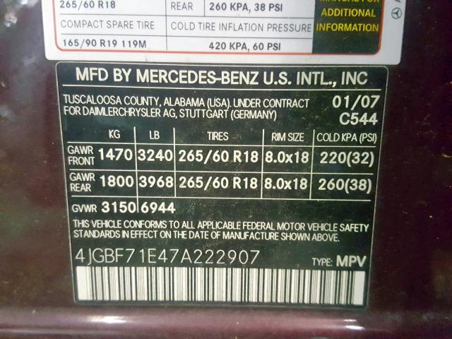 4JGBF71E47A222907 - 2007 MERCEDES-BENZ GL 450 4MA MAROON photo 10