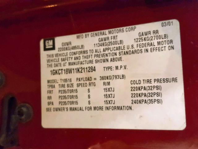 1GKCT18W11K211284 - 2001 GMC JIMMY RED photo 10