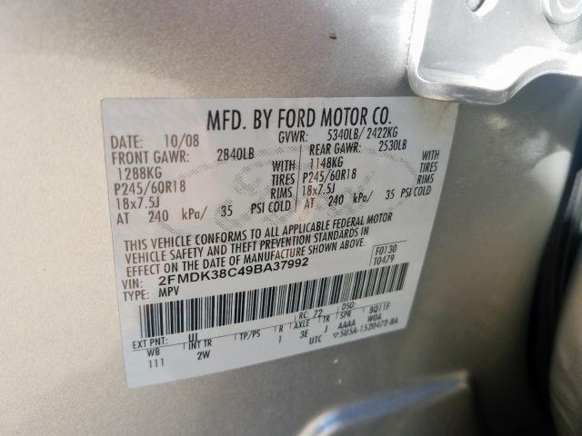 2FMDK38C49BA37992 - 2009 FORD EDGE SEL  photo 10