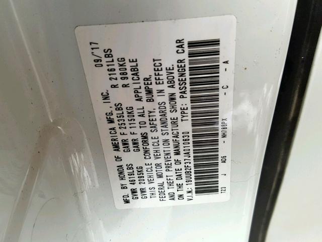 19UUB2F37JA010630 - 2018 ACURA TLX WHITE photo 10