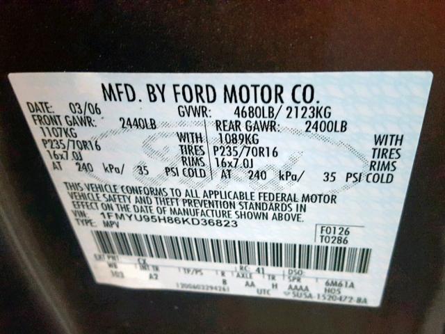 1FMYU95H86KD36823 - 2006 FORD ESCAPE HEV GRAY photo 10