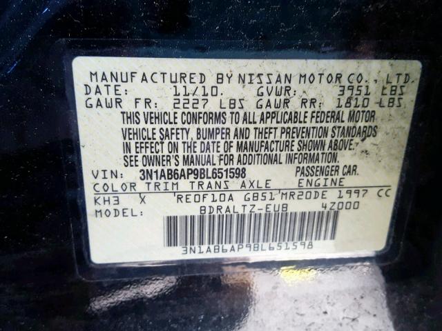 3N1AB6AP9BL651598 - 2011 NISSAN SENTRA 2.0 BLACK photo 10