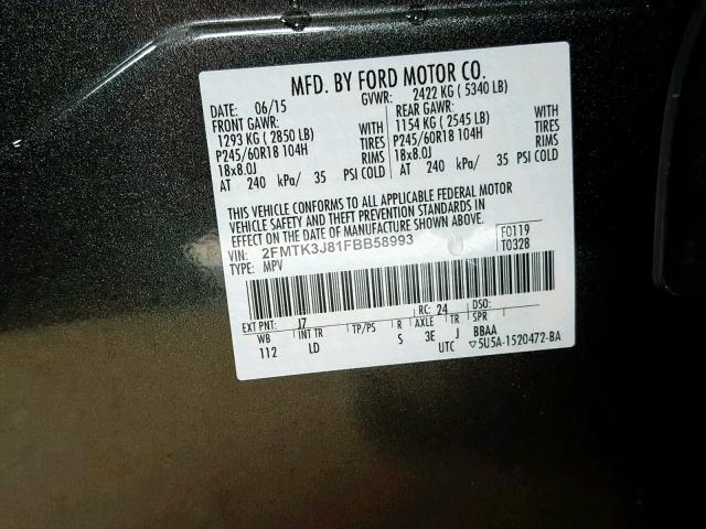 2FMTK3J81FBB58993 - 2015 FORD EDGE SEL GRAY photo 10