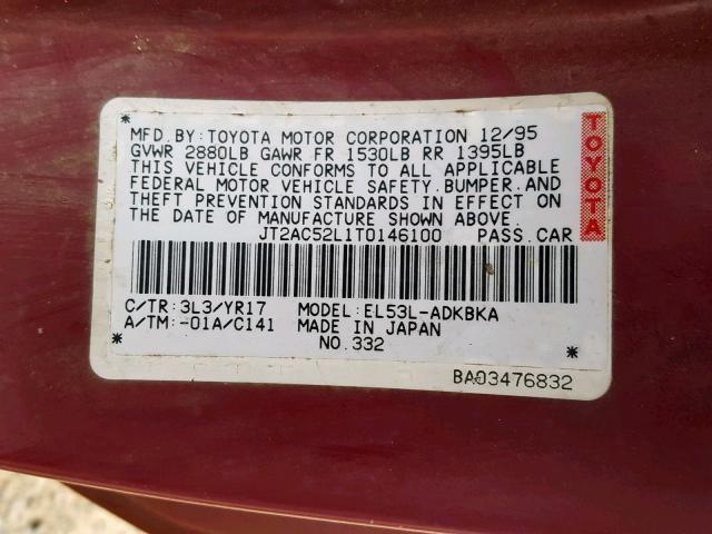 JT2AC52L1T0146100 - 1996 TOYOTA TERCEL STD RED photo 10