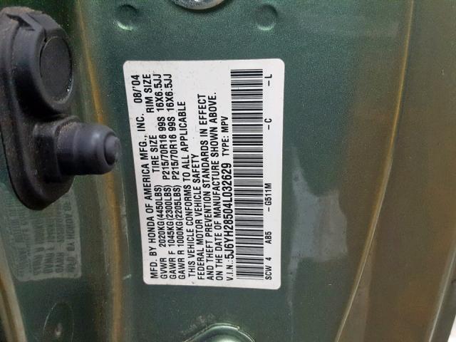 5J6YH28504L032629 - 2004 HONDA ELEMENT EX GREEN photo 10