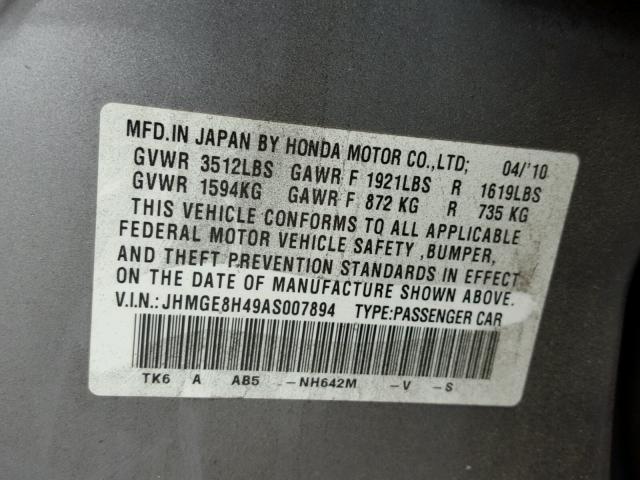 JHMGE8H49AS007894 - 2010 HONDA FIT SPORT GRAY photo 10