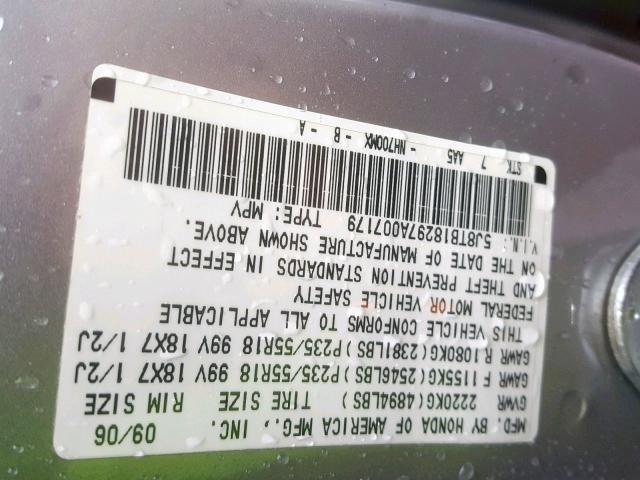 5J8TB18297A007179 - 2007 ACURA RDX SILVER photo 10