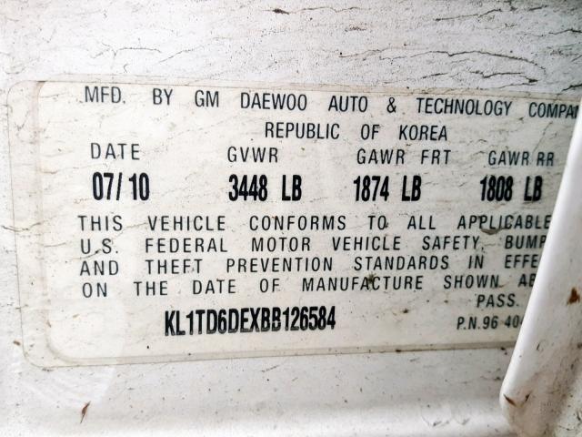 KL1TD6DEXBB126584 - 2011 CHEVROLET AVEO LS WHITE photo 10