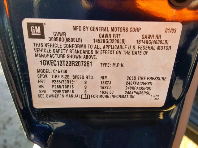 1GKEC13T23R207261 - 2003 GMC YUKON BLUE photo 10