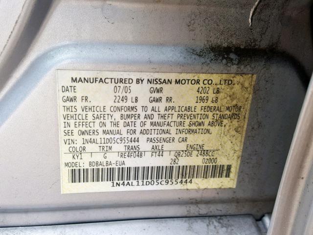 1N4AL11D05C955444 - 2005 NISSAN ALTIMA S GRAY photo 10