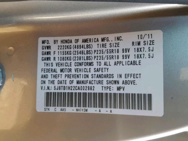 5J8TB1H22CA002982 - 2012 ACURA RDX SILVER photo 10