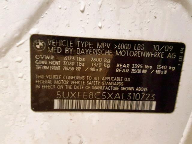 5UXFE8C5XAL310723 - 2010 BMW X5 XDRIVE4 白色 照片 10