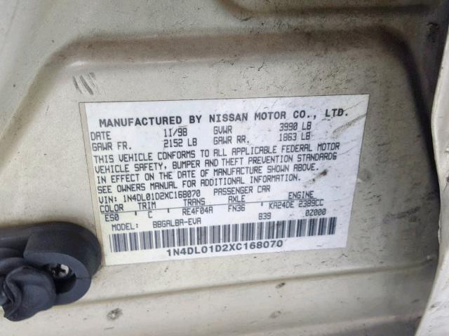 1N4DL01D2XC168070 - 1999 NISSAN ALTIMA XE GOLD photo 10