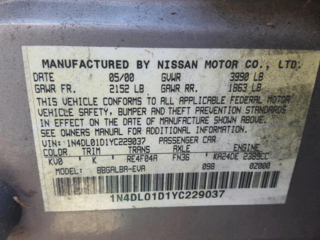 1N4DL01D1YC229037 - 2000 NISSAN ALTIMA XE TAN photo 10