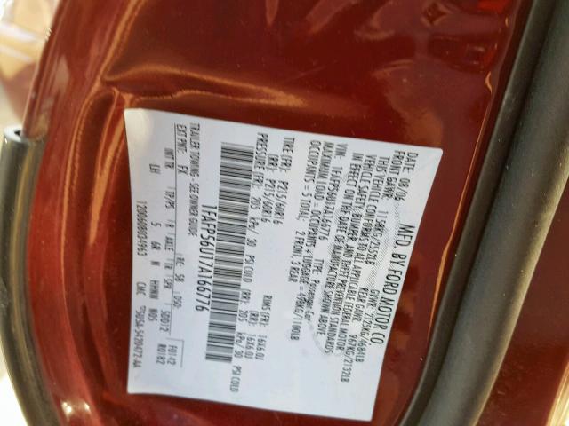 1FAFP56U17A166776 - 2007 FORD TAURUS SEL MAROON photo 10