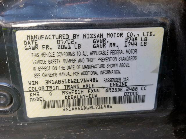 3N1AB51D62L716486 - 2002 NISSAN SENTRA SE- BLACK photo 10