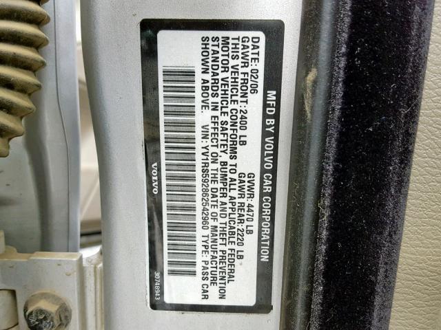 YV1RS592862542960 - 2006 VOLVO S60 2.5T SILVER photo 10