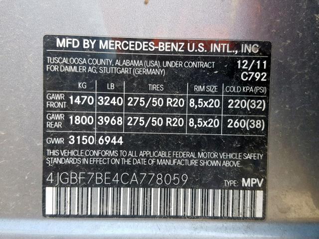 4JGBF7BE4CA778059 - 2012 MERCEDES-BENZ GL 450 4MA GRAY photo 10