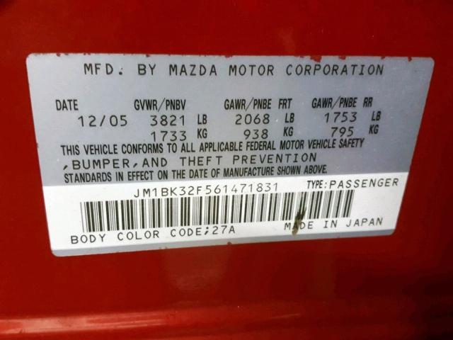 JM1BK32F561471831 - 2006 MAZDA 3 I RED photo 10