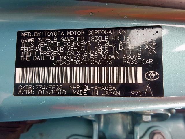 JTDKDTB34D1056173 - 2013 TOYOTA PRIUS C BLUE photo 10