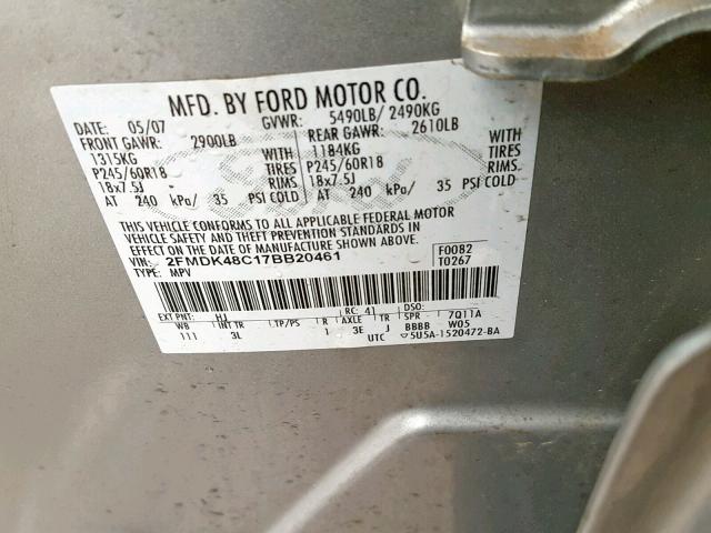 2FMDK48C17BB20461 - 2007 FORD EDGE SEL GRAY photo 10